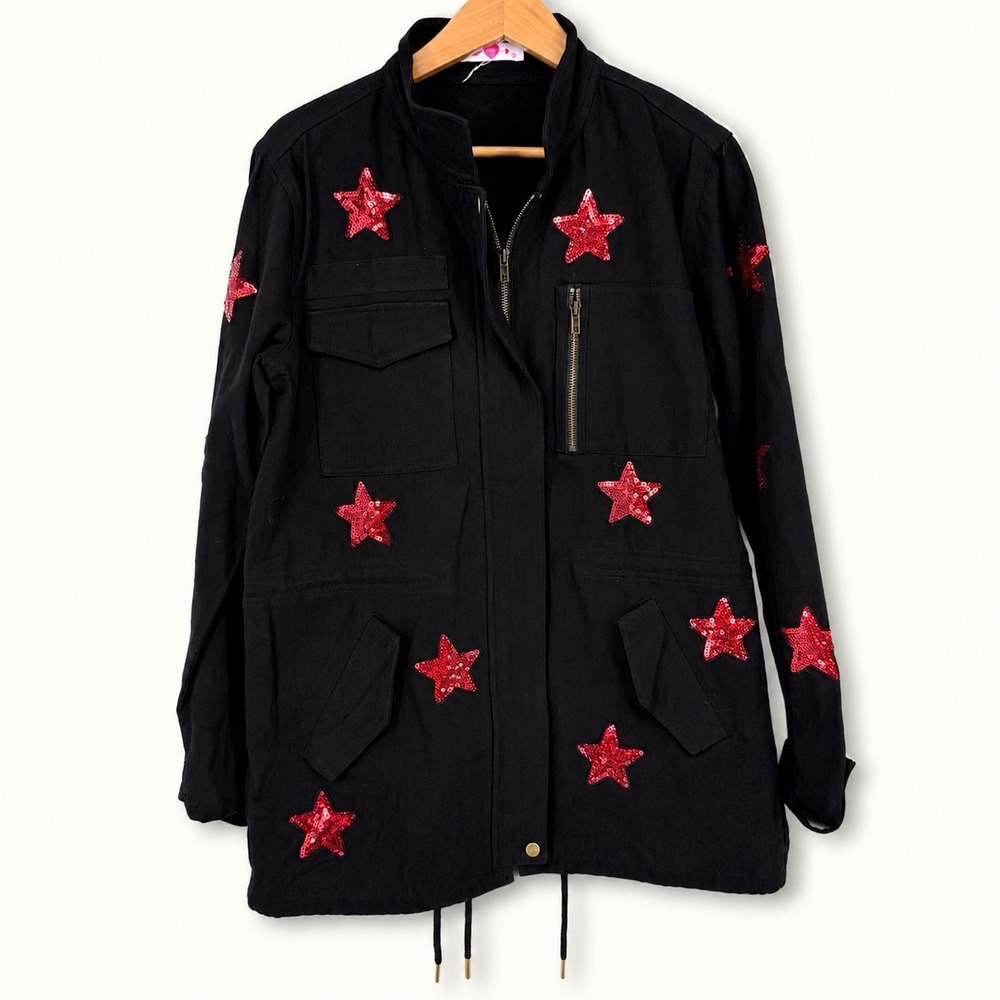 Buddy Love Medium Alyssa Utility Jacket Black Red Sequin Star Patch Military USA